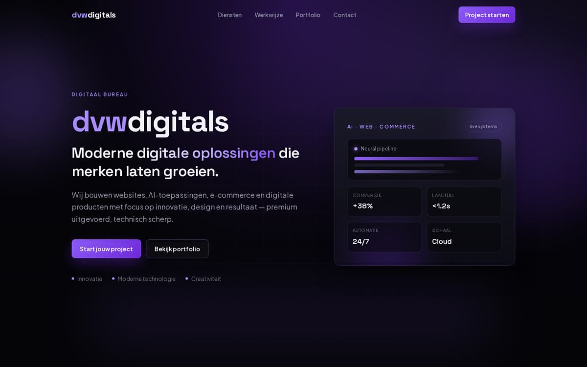 Screenshot van de dvwdigitals homepage